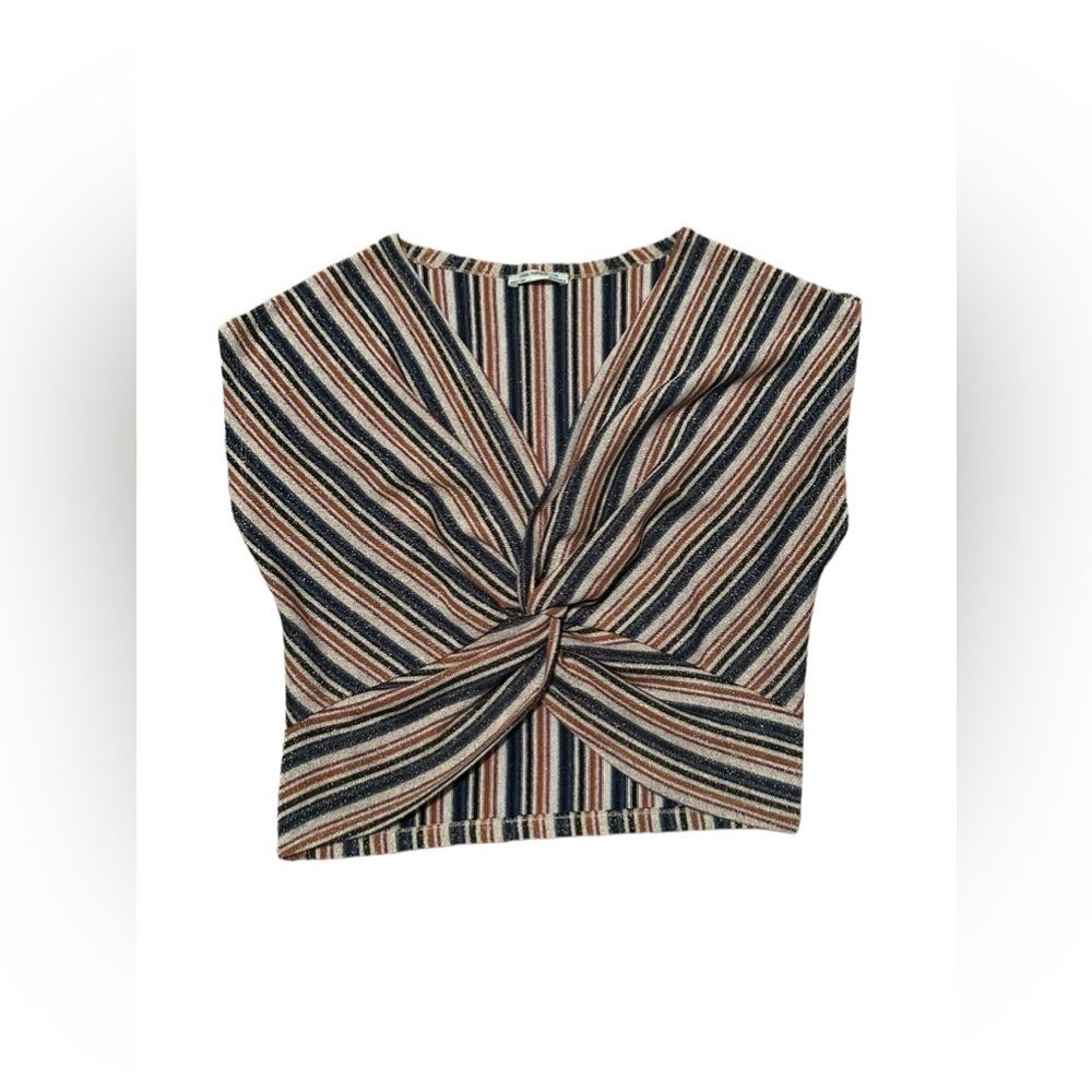 Zara Knotted Sparkly Striped Cropped sheer Top Small